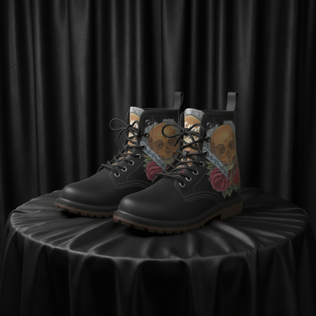 Black boots with colorful design on the side on a white background