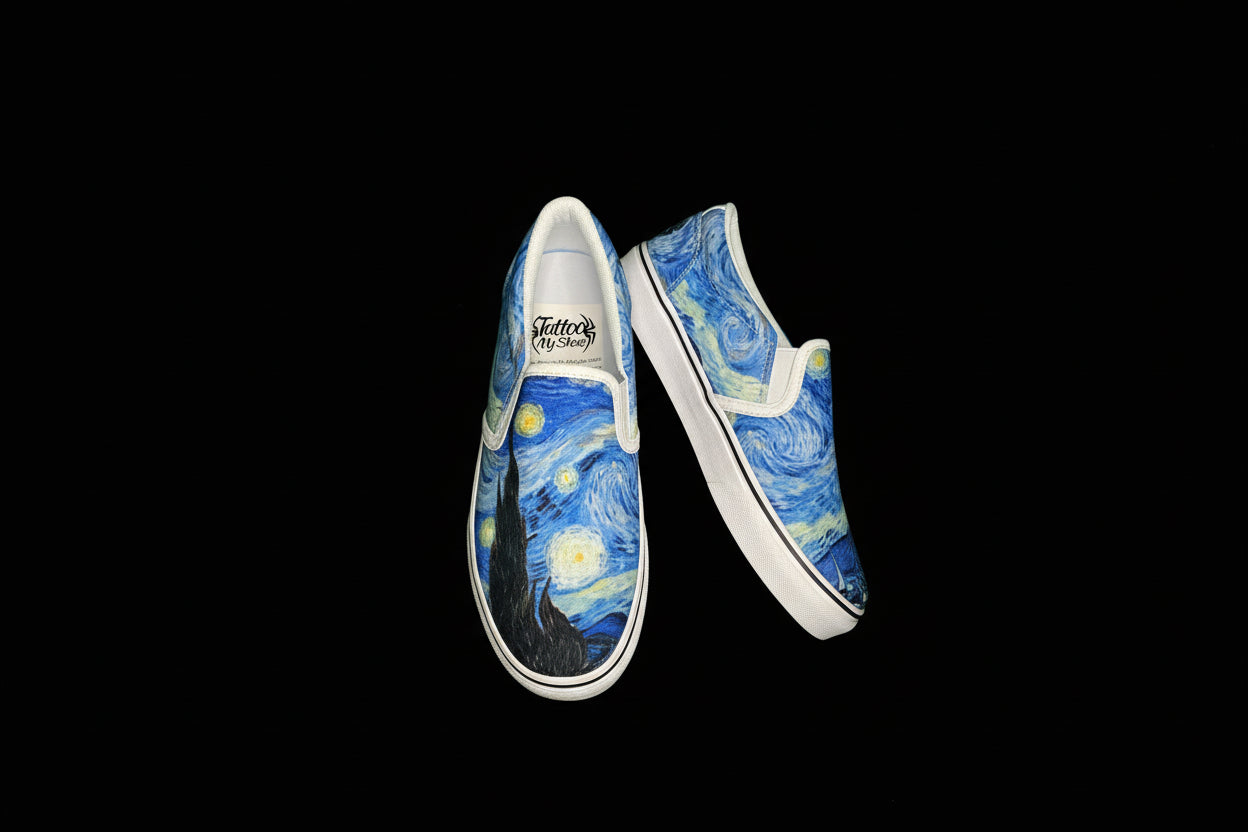 Pair of custom printed slip-on shoes with Starry Night design on a Black background