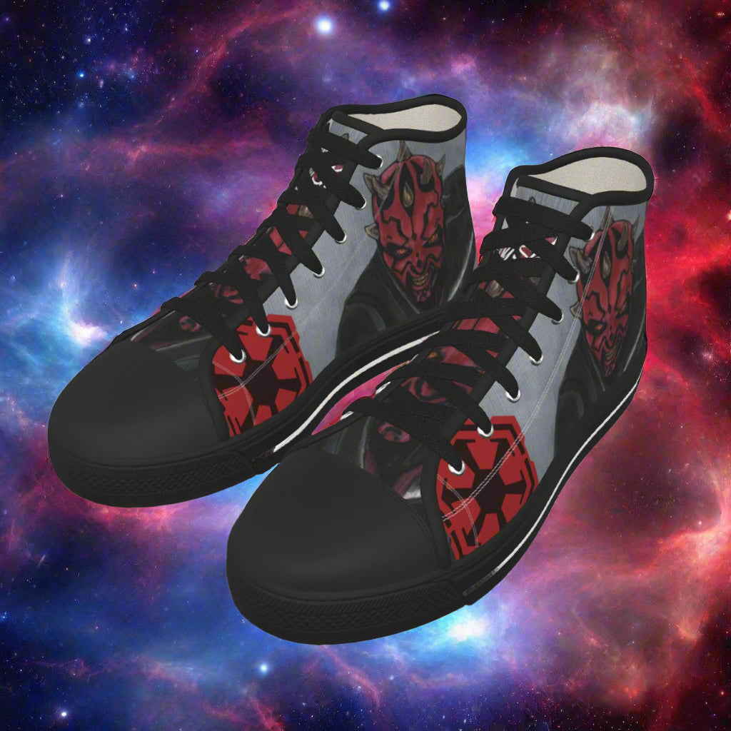 Black and gray high-top sneakers with red and black mask design on a white background