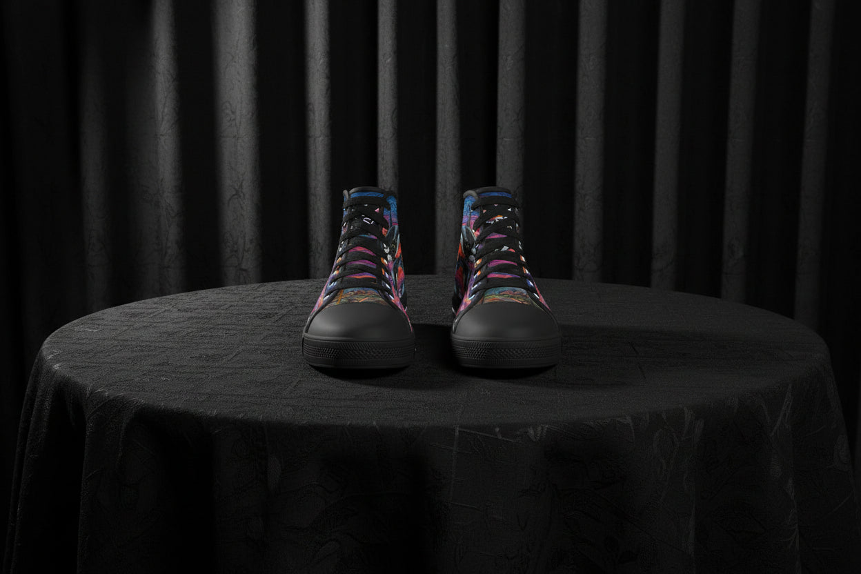 Pair of high-top sneakers with a colorful abstract pattern on a white background