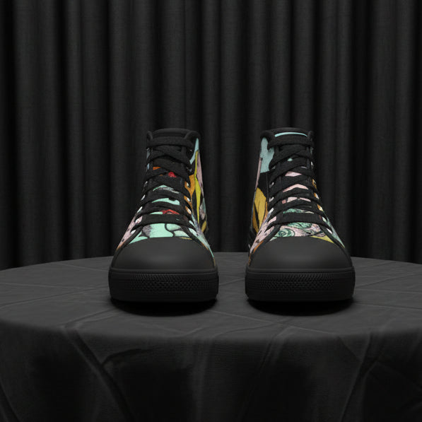 Pair of high-top sneakers with a colorful abstract pattern on a white background