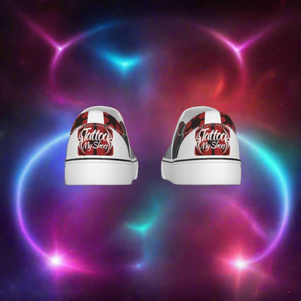 White sneakers with red and black designs on a white background