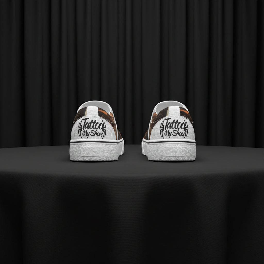 White sneakers with 'Tattoo My Shoes' design on a white background