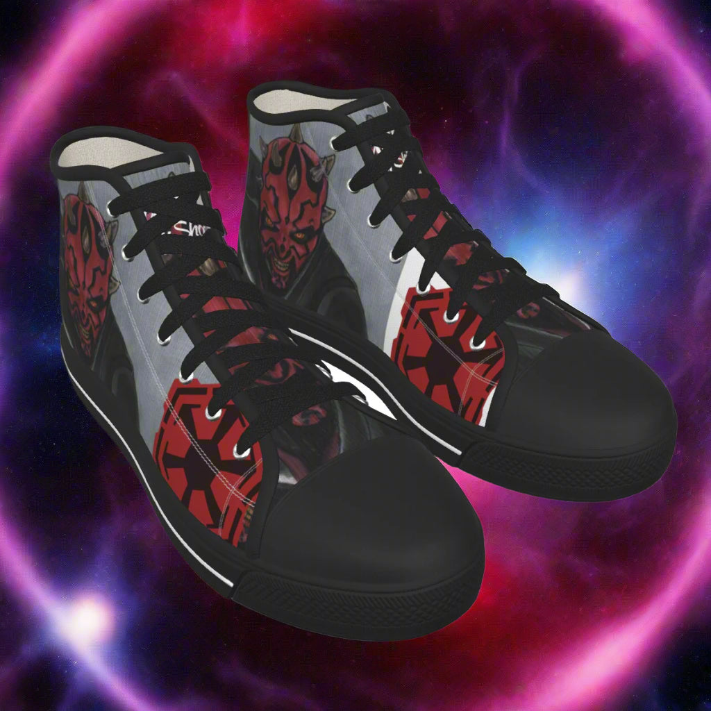 Black high-top sneakers with red and gray Sith design on a Galaxy background