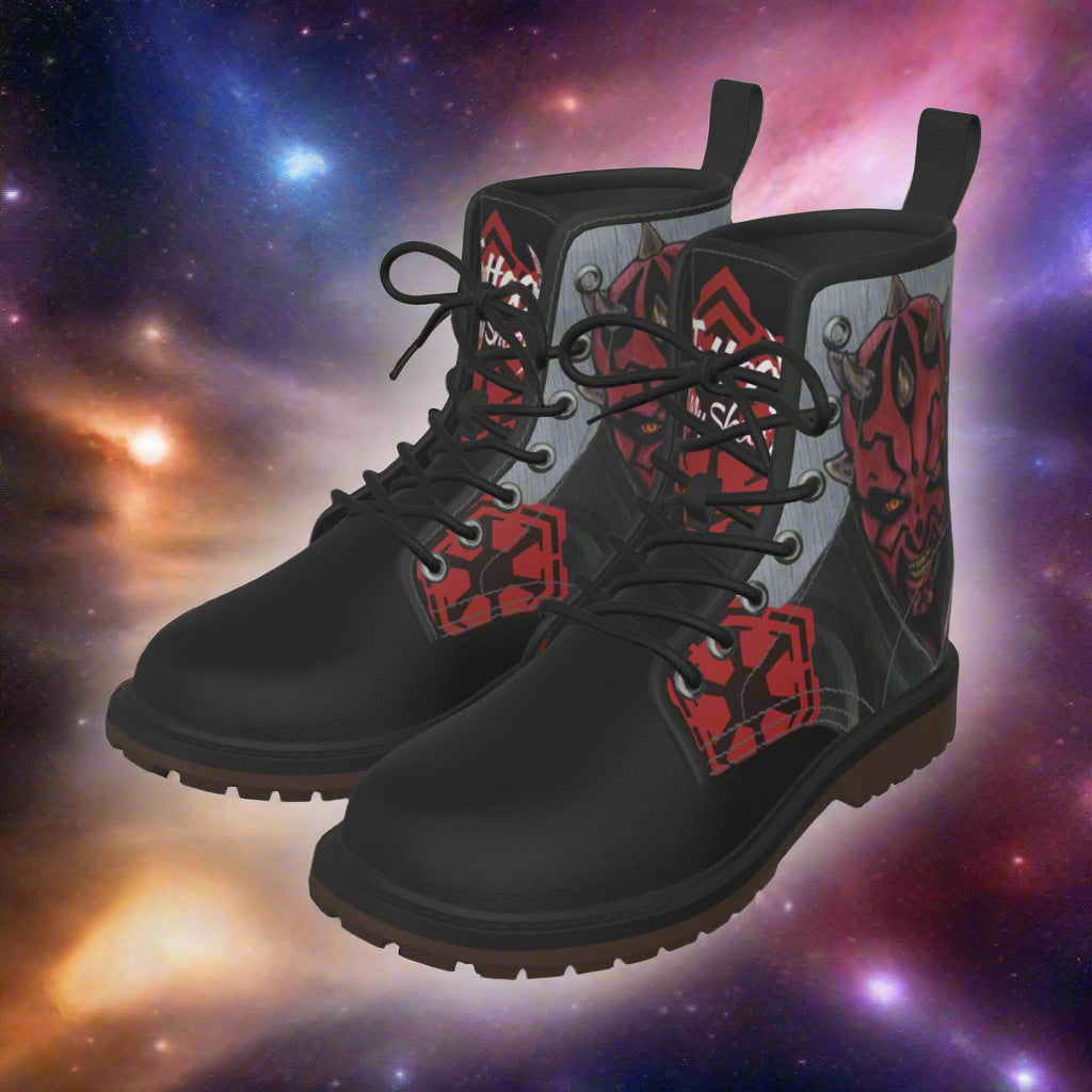 Black boots with Sith design on a space background