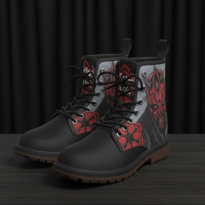 Black boots with Sith design on a space background