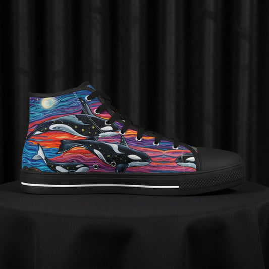 High-top sneaker with a colorful design of orcas and a sunset on a white background