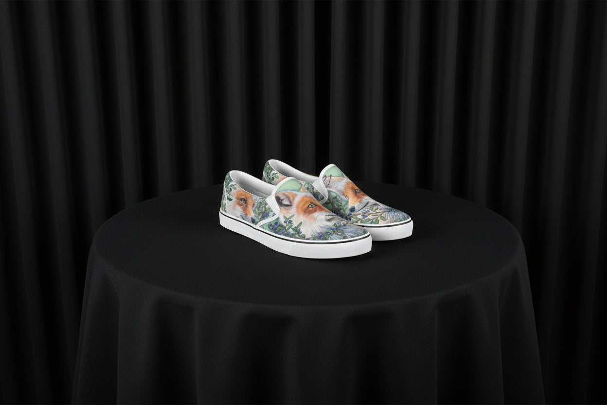 Pair of slip-on shoes with fox design on a white background
