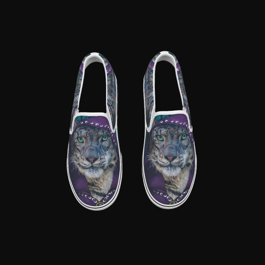 Slip-on shoes with a panther design on a white background