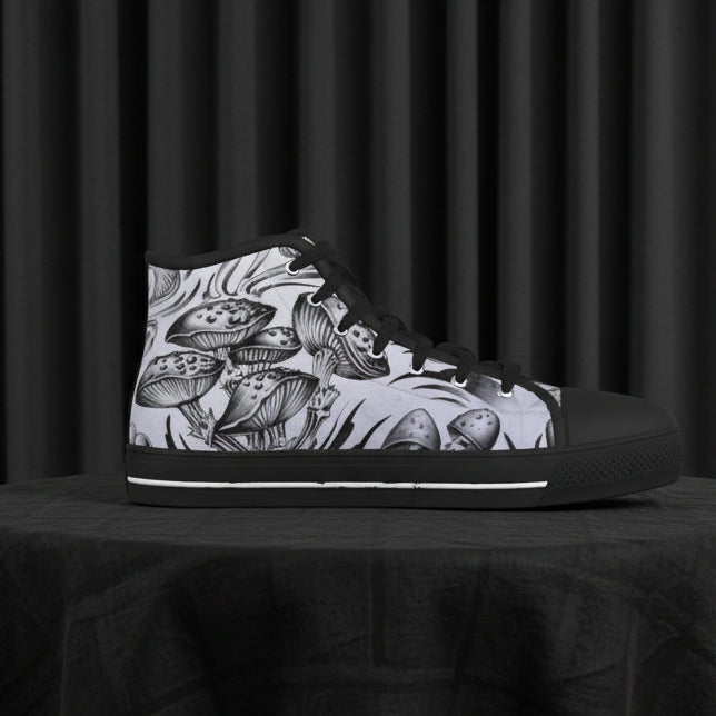 High-top sneaker with black and white mushroom design on a white background