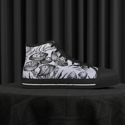 High-top sneaker with black and white mushroom design on a white background