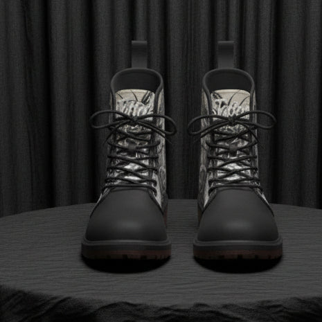 Pair of black and gray patterned boots on a white background