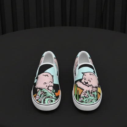 Pair of slip-on shoes with a cartoon character design on a white background