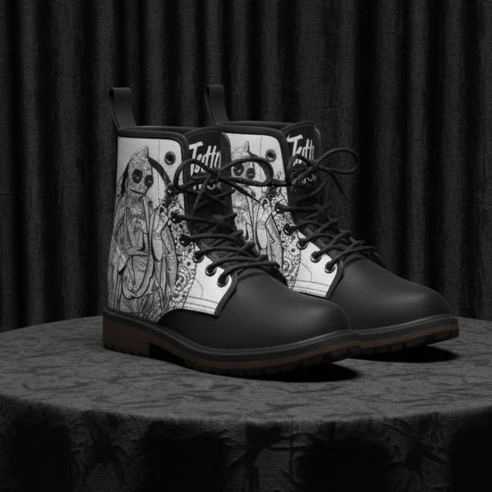 Black boots with white side panels featuring black designs on a white background