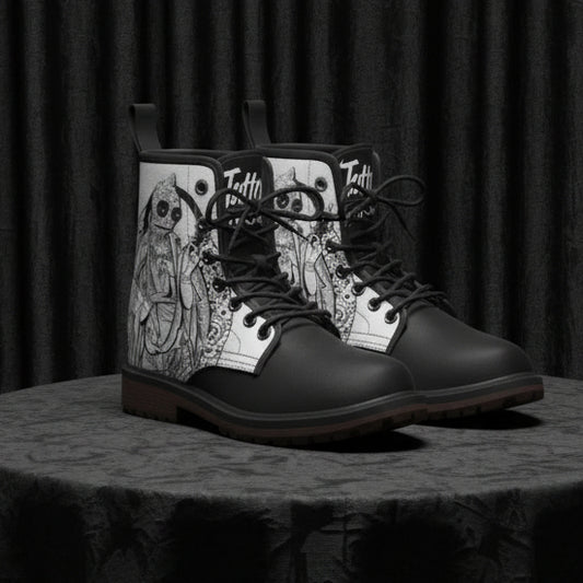Black boots with white side panels featuring black designs on a white background
