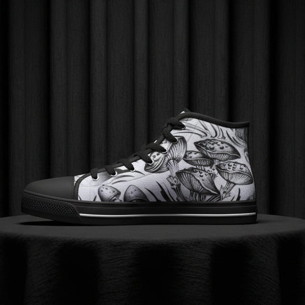 Black high-top sneaker with white mushroom pattern on a white background
