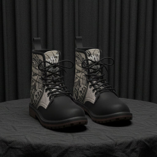 Black boots with intricate design on a white background