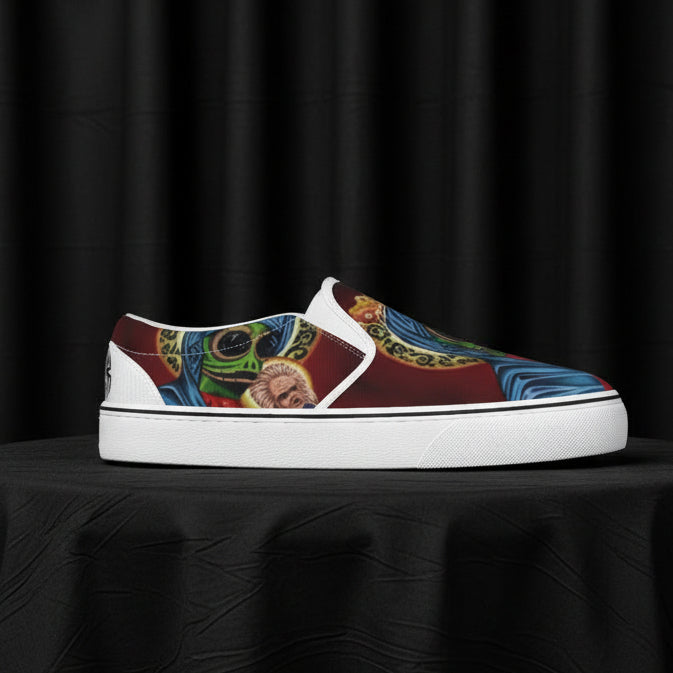 Colorful slip-on sneaker with abstract pattern on a white background