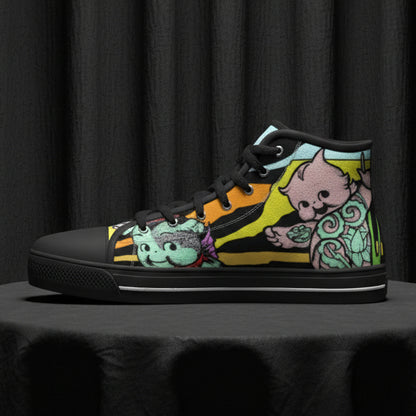 Black high-top sneaker with colorful character design on a white background