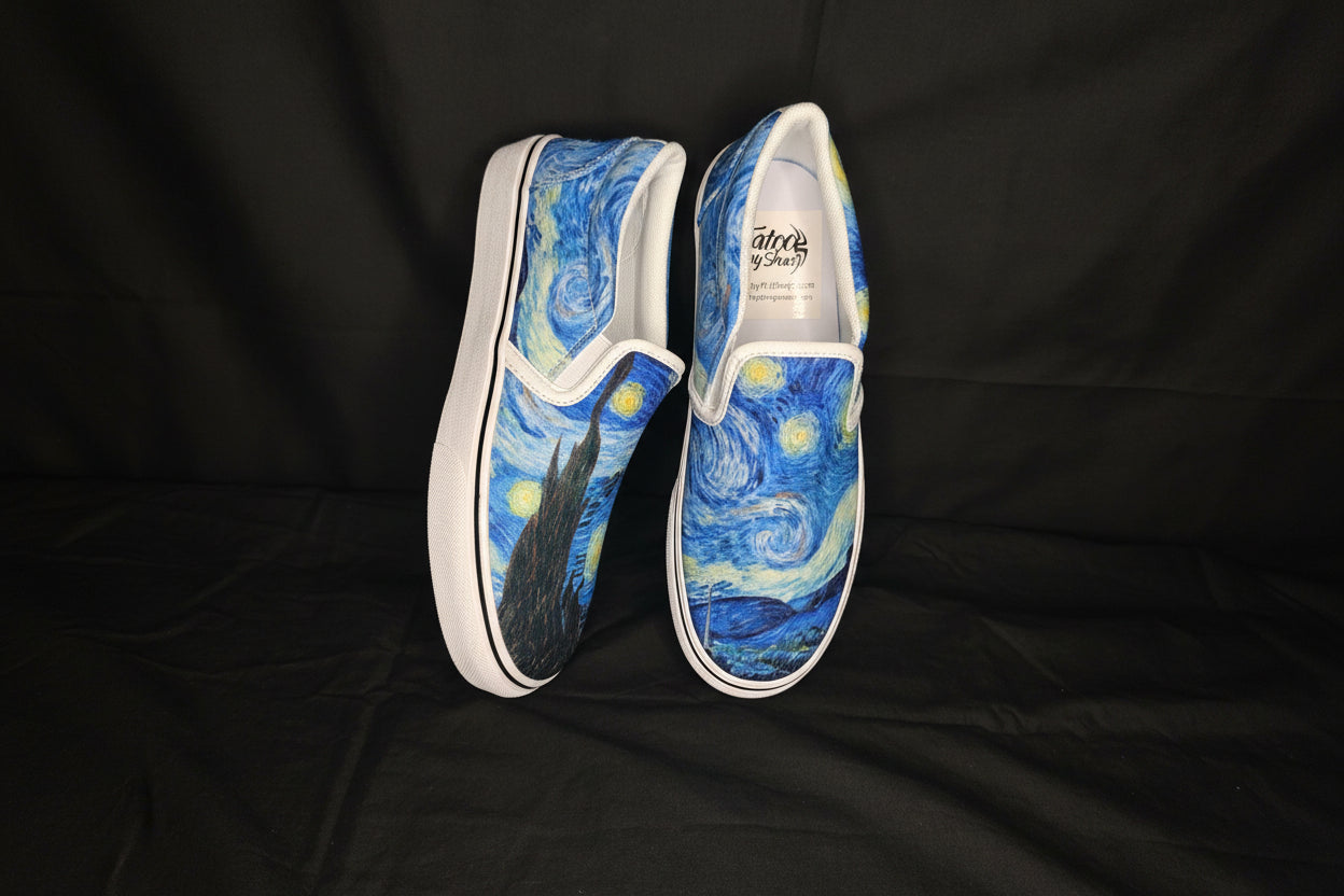 Pair of custom printed slip-on shoes with Starry Night design on a Black background