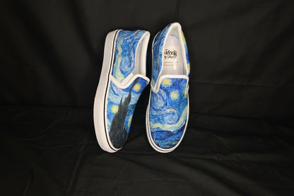 Pair of custom printed slip-on shoes with Starry Night design on a Black background