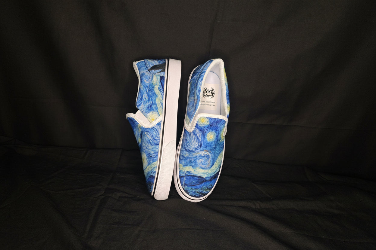 Pair of custom printed slip-on shoes with Starry Night design on a Black background