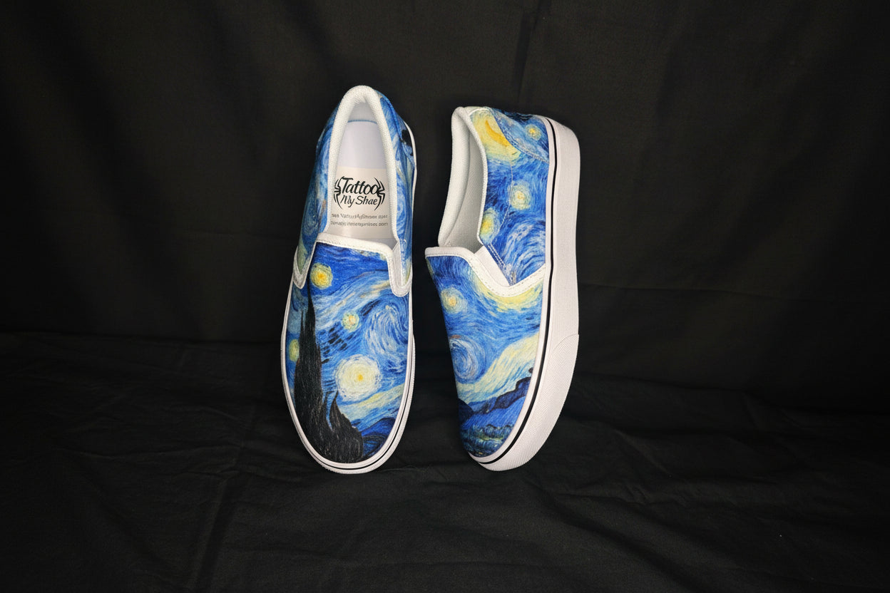 Pair of custom printed slip-on shoes with Starry Night design on a Black background