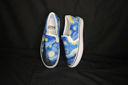 Pair of custom printed slip-on shoes with Starry Night design on a Black background