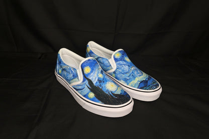 Pair of slip-on shoes with Starry Night design on a black background