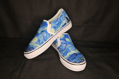 Pair of slip-on shoes with Starry Night design on a black background