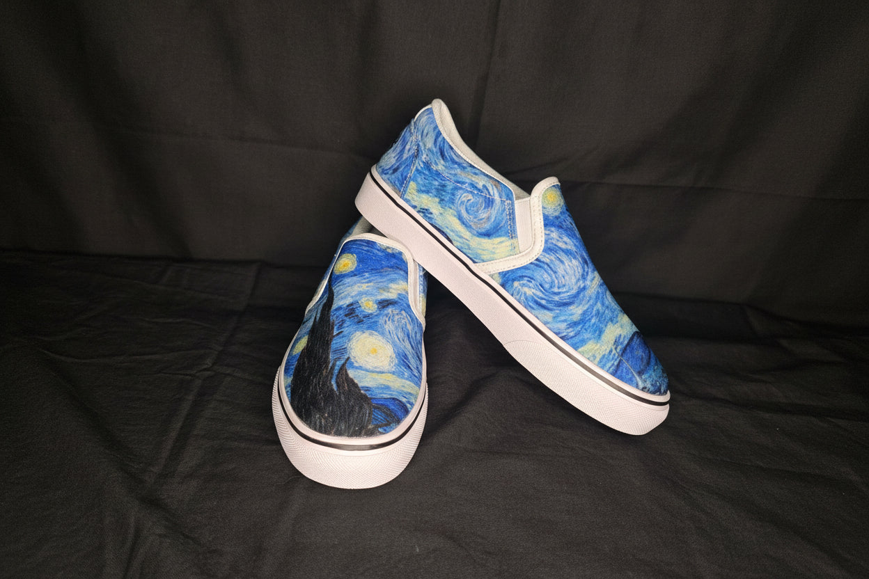 Pair of custom printed slip-on shoes with Starry Night design on a Black background