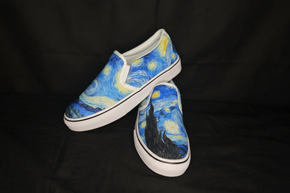 Pair of custom printed slip-on shoes with Starry Night design on a Black background