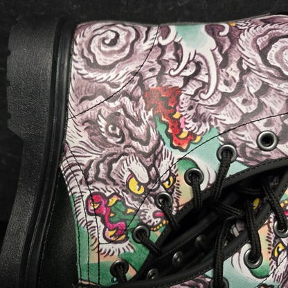 Close-up of a shoe with intricate design and colorful patterns