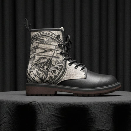 Black boot with intricate design on a white background