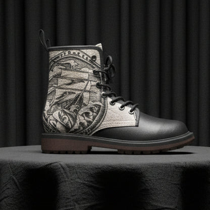 Black boot with intricate design on a white background