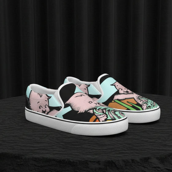 Pair of slip-on shoes with a colorful design on a white background