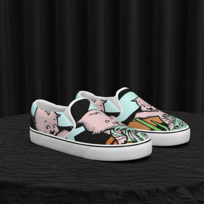 Pair of slip-on shoes with a colorful design on a white background