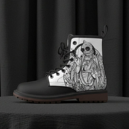 Black boot with intricate white design on a white background