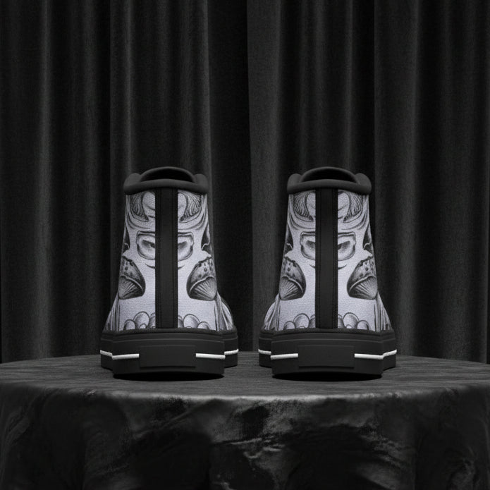 Black high-top sneakers with mushroom pattern on a white background
