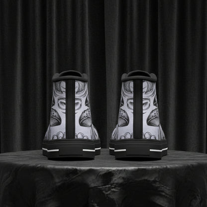 Black high-top sneakers with mushroom pattern on a white background