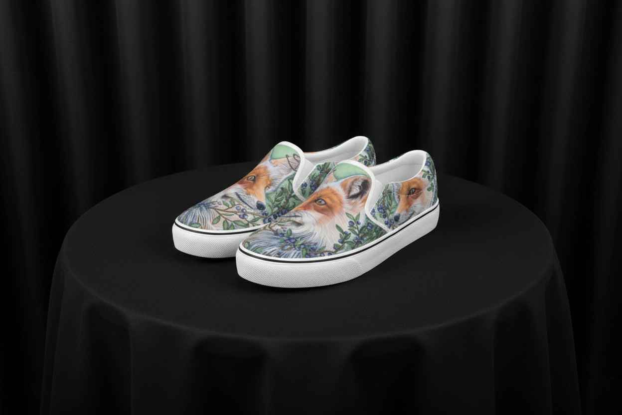 White slip-on shoes with fox design on a white background
