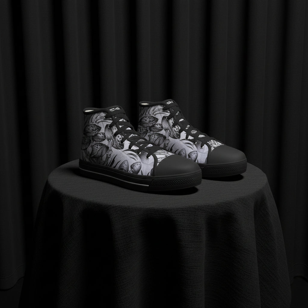 High-top sneakers with black and white pattern on a white background
