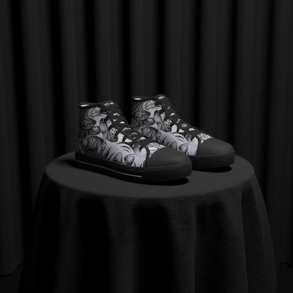 High-top sneakers with black and white pattern on a white background