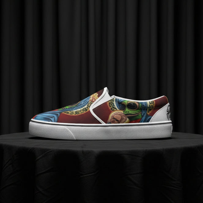 Colorful slip-on sneaker with patterned design on a white background