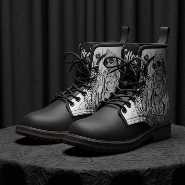 Black boots with white pattern on a white background