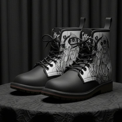 Black boots with white pattern on a white background