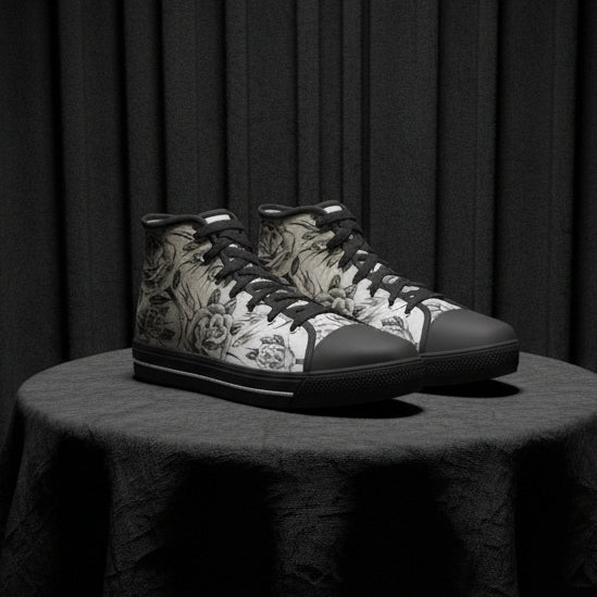 Black high-top sneakers with floral pattern on a white background