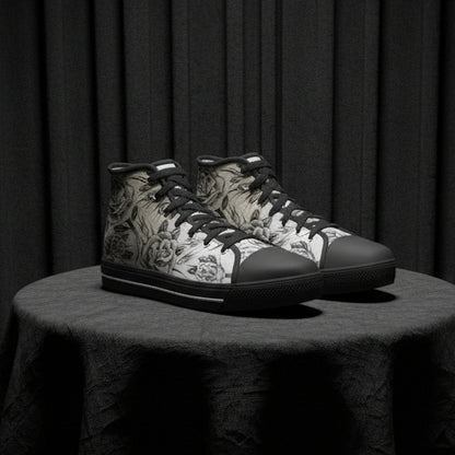 Black high-top sneakers with floral pattern on a white background