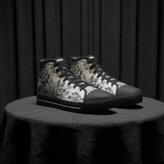 Black high-top sneakers with floral pattern on a white background