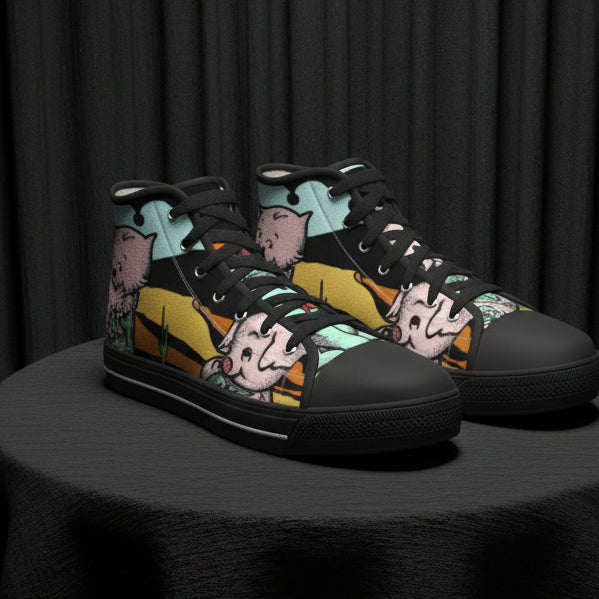 Black high-top sneakers with colorful character design on a white background